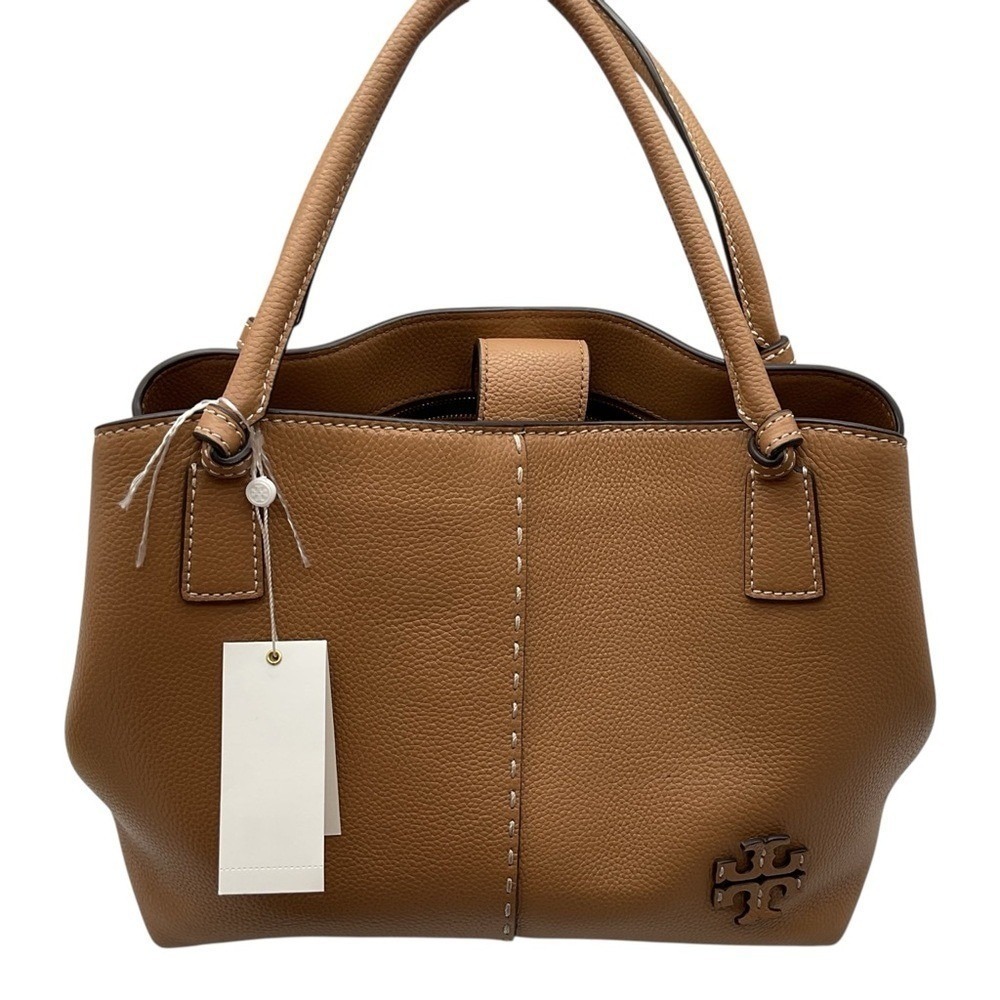Tory Burch Tan Pebbled Leather Tote with Logo